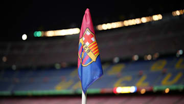 BARCELONA, SPAIN - OCTOBER 20: A general view of a fan chosen corner flag prior to the LaLiga Santander match between FC Barcelona and Villarreal CF at Spotify Camp Nou on October 20, 2022 in Barcelona, Spain. (Photo by Alex Caparros/Getty Images)
