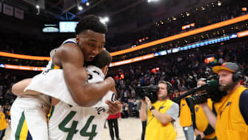 Donovan Mitchell, Bojan Bogdanovic, Utah Jazz. Copyright 2019 NBAE (Photo by Melissa Majchrzak/NBAE via Getty Images)