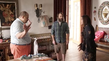 THE LAST MAN ON EARTH: L-R: Mel Rodriguez, Will Forte and Cleopatra Coleman in the "Special Delivery" episode of THE LAST MAN ON EARTH airing Sunday, April 8 (9:30-10:00 PM ET/PT) on FOX. ©2018 Fox Broadcasting Co. Cr: Kevin Estrada/FOX