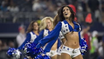 Nov 26, 2015; Arlington, TX, USA; The Dallas Cowboys cheerleaders perform during the second half of an NFL game against the Carolina Panthers on Thanksgiving at AT&T Stadium. The Panthers defeat the Cowboys 33-14. Mandatory Credit: Jerome Miron-USA TODAY Sports