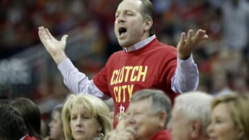 Apr 30, 2014; Houston, TX, USA; A Houston Rockets fan yells at an official during the second quarter against the Portland Trail Blazers in game five of the first round of the 2014 NBA Playoffs at Toyota Center. Mandatory Credit: Andrew Richardson-USA TODAY Sports