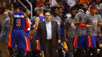 Nov 9, 2016; Phoenix, AZ, USA; Detroit Pistons head coach Stan Van Gundy in the fourth quarter against the Phoenix Suns at Talking Stick Resort Arena. Mandatory Credit: Mark J. Rebilas-USA TODAY Sports