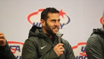 NEW YORK, NY - JANUARY 01: Team USA hockey captain Brian Gionta speaks to the media during the 2018 Bridgestone NHL Winter Classic at Citi Field on January 1, 2018 in the Flushing neighborhood of the Queens borough of New York City. (Photo by Abbie Parr/Getty Images)
