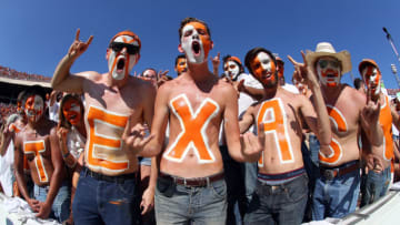 DALLAS, TX - OCTOBER 14: Texas Longhorns fans cheer during the game against the Oklahoma Sooners at Cotton Bowl on October 14, 2017 in Dallas, Texas. (Photo by Richard Rodriguez/Getty Images)