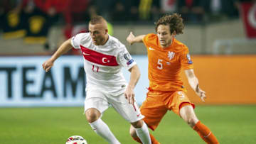 (L-R) Gokhan Tore of Turkye, Daley Blind of Holland during the UEFA Euro 2016 qualifying match between Netherlands and Turkey on March 28, 2015 at the Amsterdam Arena at Amsterdam, The Netherlands.(Photo by VI Images via Getty Images)
