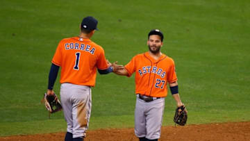 May 31, 2016; Phoenix, AZ, USA; Houston Astros shortstop Carlos Correa (1) celebrates with second baseman Jose Altuve after defeating the Arizona Diamondbacks at Chase Field. Mandatory Credit: Mark J. Rebilas-USA TODAY Sports