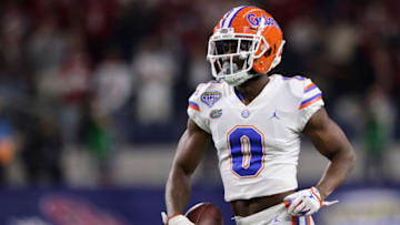 ARLINGTON, TEXAS - DECEMBER 30: Defensive back Trey Dean III #0 of the Florida Gators celebrates a sack and fumble recovery against the Oklahoma Sooners during the first half at AT&T Stadium on December 30, 2020 in Arlington, Texas. (Photo by Ronald Martinez/Getty Images)
