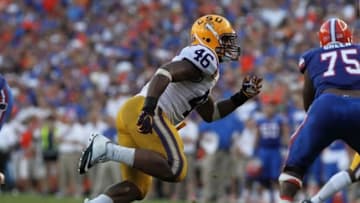 October 6, 2012; Gainesville FL, USA; LSU Tigers linebacker Kevin Minter (46) rushes during the second half against the Florida Gators at Ben Hill Griffin Stadium. Florida Gators defeated the Louisiana State 14-6. Mandatory Credit: Kim Klement-USA TODAY Sports