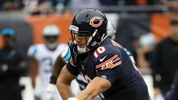 CHICAGO, IL - OCTOBER 22: Quarterback Mitchell Trubisky #10 of the Chicago Bears looks to hand off the football in the first quarter against the Carolina Panthers at Soldier Field on October 22, 2017 in Chicago, Illinois. (Photo by Jonathan Daniel/Getty Images)