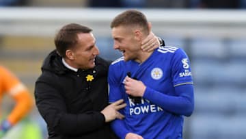 LEICESTER, ENGLAND - MARCH 09: Brendan Rodgers, Manager of Leicester City congratulates Jamie Vardy of Leicester City following the Premier League match between Leicester City and Fulham FC at The King Power Stadium on March 09, 2019 in Leicester, United Kingdom. (Photo by Ross Kinnaird/Getty Images)