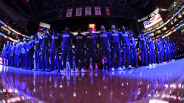 ATLANTA, GA - OCTOBER 7: The New Orleans Pelicans stand for the National Anthem before a pre-season game against the Atlanta Hawks on October 7, 2019 at State Farm Arena in Atlanta, Georgia. NOTE TO USER: User expressly acknowledges and agrees that, by downloading and/or using this Photograph, user is consenting to the terms and conditions of the Getty Images License Agreement. Mandatory Copyright Notice: Copyright 2019 NBAE (Photo by Scott Cunningham/NBAE via Getty Images)