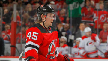 NEWARK, NJ - MARCH 27: Sami Vatanen #45 of the New Jersey Devils in action against the Carolina Hurricanes on March 27, 2018 at Prudential Center in Newark, New Jersey. The Devils defeated the Hurricanes 4-3. (Photo by Jim McIsaac/NHLI via Getty Images)