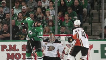 DALLAS, TX - OCTOBER 13: Jamie Benn #14 of the Dallas Stars tips in a goal against John Gibson #36 of the Anaheim Ducks at the American Airlines Center on October 13, 2018 in Dallas, Texas. (Photo by Glenn James/NHLI via Getty Images)