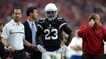 Oct 2, 2016; Glendale, AZ, USA; Arizona Cardinals running back Chris Johnson (23) walks to the locker room after being injured against the Los Angeles Rams during the second half at University of Phoenix Stadium. The Rams won 17-13. Mandatory Credit: Joe Camporeale-USA TODAY Sports