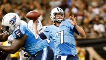 Aug 15, 2014; New Orleans, LA, USA; Tennessee Titans quarterback Zach Mettenberger (7) throws against the New Orleans Saints during second half of a preseason game at Mercedes-Benz Superdome. The New Orleans Saints defeated the Tennessee Titans 31-24. Mandatory Credit: Derick E. Hingle-USA TODAY Sports