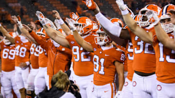 Oct 10, 2020; Clemson, South Carolina, USA; Clemson Tigers players celebrate after defeating the Miami Hurricanes at Memorial Stadium. Mandatory Credit: Ken Ruinard-USA TODAY Sports