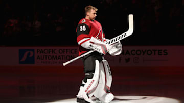 GLENDALE, ARIZONA - DECEMBER 19: Goaltender Darcy Kuemper #35 of the Arizona Coyotes is introduced before the NHL game against the Minnesota Wild at Gila River Arena on December 19, 2019 in Glendale, Arizona. The Wild defeated the Coyotes 8-5. (Photo by Christian Petersen/Getty Images)