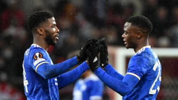 Leicester City's Nigerian striker Kelechi Iheanacho and Zambian striker Patson Daka (Photo by NATALIA KOLESNIKOVA/AFP via Getty Images)