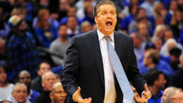 Nov 18, 2014; Indianapolis, IN, USA; Kentucky coach John Calipari reacts to his teams