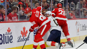 Jan 6, 2023; Detroit, Michigan, USA; Detroit Red Wings center Joe Veleno (90) skates with the puck in the third period against the Florida Panthers at Little Caesars Arena. Mandatory Credit: Rick Osentoski-USA TODAY Sports
