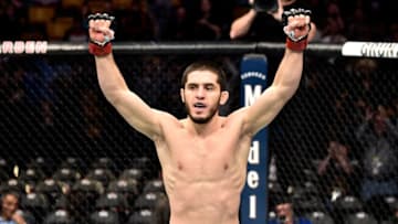 BOSTON, MA - JANUARY 20: Islam Makhachev of Russia celebrates after his knockout victory over Gleison Tibau of Brazil in their lightweight bout during the UFC 220 event at TD Garden on January 20, 2018 in Boston, Massachusetts. (Photo by Jeff Bottari/Zuffa LLC/Zuffa LLC via Getty Images)