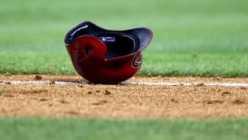 Apr 30, 2014; Phoenix, AZ, USA; Detailed view of an Arizona Diamondbacks batting helmet on the field against the Colorado Rockies at Chase Field. Mandatory Credit: Mark J. Rebilas-USA TODAY Sports