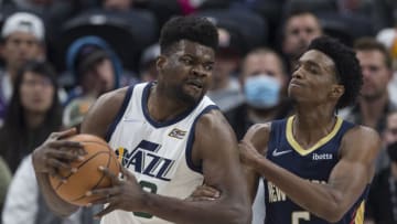 Udoka Azubuike #20 of the Utah Jazz drives against Herbert Jones #5 of the New Orleans Pelicans (Photo by Chris Gardner/Getty Images)