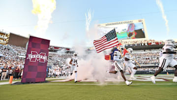 STARKVILLE, MISSISSIPPI - SEPTEMBER 09: Mississippi State Bulldogs players enter the field before the game against the Arizona Wildcats at Davis Wade Stadium on September 09, 2023 in Starkville, Mississippi. (Photo by Justin Ford/Getty Images)