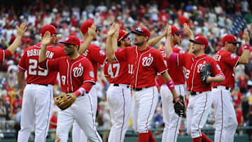 May 10, 2015; Washington, DC, USA; Washington Nationals players celebrate after defeating the Atlanta Braves at Nationals Park. The Nationals won 5-4. Mandatory Credit: Brad Mills-USA TODAY Sports