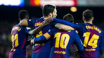 Leo Messi from Argentina celebrating his goal with Luis Suarez from Uruguay of FC Barcelona, Phillip Couthino from Brasil of FC Barcelona and Dembele from France of FC Barcelona during La Liga match between FC Barcelona v Girona at Camp Nou Stadium in Barcelona on 24 of February, 2018. (Photo by Xavier Bonilla/NurPhoto via Getty Images)