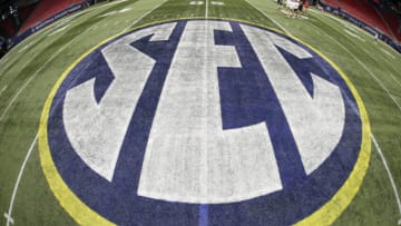 Dec 4, 2021; Atlanta, GA, USA; Detailed view of the SEC logo on the field before the SEC championship game between the Georgia Bulldogs and Alabama Crimson Tide at Mercedes-Benz Stadium. Mandatory Credit: Brett Davis-USA TODAY Sports
