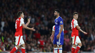 LONDON, ENGLAND - SEPTEMBER 24: Laurent Koscielny of Arsenal (L) and Diego Costa of Chelsea (R) confront each other during the Premier League match between Arsenal and Chelsea at the Emirates Stadium on September 24, 2016 in London, England. (Photo by Paul Gilham/Getty Images)
