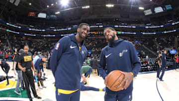 SALT LAKE CITY, UT - FEBRUARY 14: Ekpe Udoh #33 and Royce O'Neale #23 of the Utah Jazz before the game against the Phoenix Suns on February 14, 2018 at Vivint Smart Home Arena in Salt Lake City, Utah. NOTE TO USER: User expressly acknowledges and agrees that, by downloading and/or using this photograph, user is consenting to the terms and conditions of the Getty Images License Agreement. Mandatory Copyright Notice: Copyright 2018 NBAE (Photo by Melissa Majchrzak/NBAE via Getty Images)