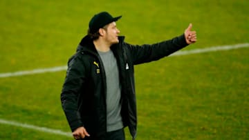 Dortmund's coach Edin Terzic gestures during the German first division Bundesliga football match FC Schalke 04 vs Borussia Dortmund in Gelsenkirchen, western Germany, on February 20, 2021. (Photo by Leon KUEGELER / POOL / AFP) / RESTRICTIONS: DFL REGULATIONS PROHIBIT ANY USE OF PHOTOGRAPHS AS IMAGE SEQUENCES AND/OR QUASI-VIDEO (Photo by LEON KUEGELER/POOL/AFP via Getty Images)