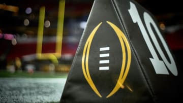 ATLANTA, GA - JANUARY 08: A detailed view of the CFP logo is seen on the 10 yard field marker during the CFP National Championship presented by AT