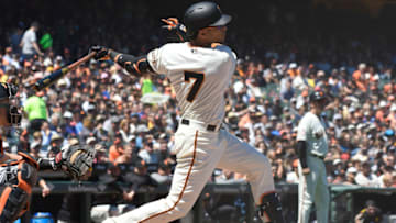 SAN FRANCISCO, CA - JUNE 20: Gorkys Hernandez #7 of the San Francisco Giants hits a two-run rbi single against the Miami Marlins in the bottom of the six inning at AT&T Park on June 20, 2018 in San Francisco, California. (Photo by Thearon W. Henderson/Getty Images)