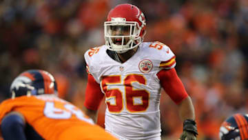 DENVER, CO - NOVEMBER 15: Linebacker Derrick Johnson #56 of the Kansas City Chiefs defends against the Denver Broncos at Sports Authority Field at Mile High on November 15, 2015 in Denver, Colorado. The Chiefs defeated the Broncos 29-13. (Photo by Doug Pensinger/Getty Images)