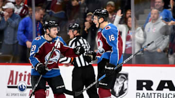 DENVER, CO - NOVEMBER 29: Colorado Avalanche center Nathan MacKinnon (29) celebrates a goal by Colorado Avalanche defenseman Nikita Zadorov (16) during the third period against the Winnipeg Jets on November 29, 2017 in Denver, Colorado at Pepsi Center. (Photo by John Leyba/The Denver Post via Getty Images)