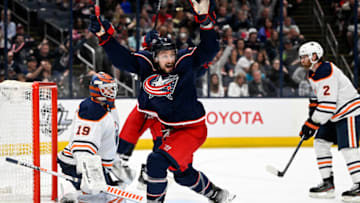 Apr 24, 2022; Columbus, Ohio, USA; Columbus Blue Jackets center Sean Kuraly (7) celebrates after defenseman Nick Blankenburg (not pictured) scored against Edmonton Oilers goaltender Mikko Koskinen (19) in the third period at Nationwide Arena. Mandatory Credit: Gaelen Morse-USA TODAY Sports
