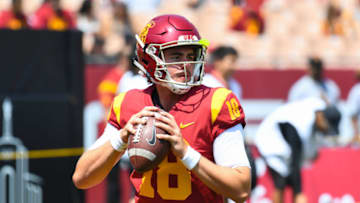 LOS ANGELES, CA - SEPTEMBER 01: USC (18) JT Daniels (QB) warms up before a college football game between the UNLV Rebels and the USC Trojans on September 1, 2018, at Los Angeles Memorial Coliseum in Los Angeles, CA. (Photo by Brian Rothmuller/Icon Sportswire via Getty Images)