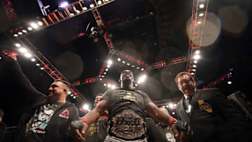 INGLEWOOD, CA - DECEMBER 29: Jon Jones celebrates after defeating Alexander Gustafsson of Sweden in their light heavyweight bout during the UFC 232 event inside The Forum on December 29, 2018 in Inglewood, California. (Photo by Christian Petersen/Zuffa LLC/Zuffa LLC via Getty Images)