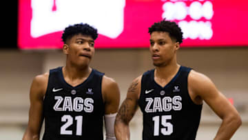 LOS ANGELES, CA - FEBRUARY 14: Gonzaga Bulldogs forward Rui Hachimura (21) and Gonzaga Bulldogs forward Brandon Clarke (15). (Photo by Ric Tapia/Icon Sportswire via Getty Images)