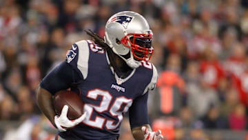 Dec 6, 2015; Foxborough, MA, USA; New England Patriots running back LeGarrette Blount (29) runs against the Philadelphia Eagles during the first quarter at Gillette Stadium. Mandatory Credit: Stew Milne-USA TODAY Sports