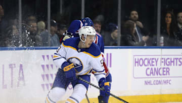 NEW YORK, NEW YORK - NOVEMBER 21: Jeff Skinner #53 of the Buffalo Sabres takes the puck in the third period against the New York Rangers at Madison Square Garden on November 21, 2021 in New York City. The New York Rangers defeated the Buffalo Sabres 5-4. (Photo by Elsa/Getty Images)