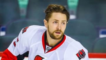 Oct 28, 2016; Calgary, Alberta, CAN; Ottawa Senators center Zack Smith (15) skates during the warmup period against Calgary Flames at Scotiabank Saddledome. Mandatory Credit: Sergei Belski-USA TODAY Sports