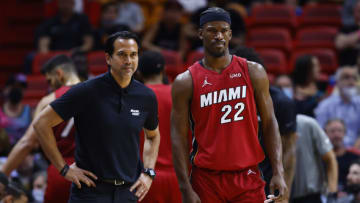 Head coach Erik Spoelstra and Jimmy Butler #22 of the Miami Heat look on against the Philadelphia 76ers(Photo by Michael Reaves/Getty Images)