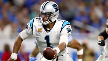 DETROIT, MI - OCTOBER 08: Quarterback Cam Newton #1 of the Carolina Panthers looks to hand off the football against the Detroit Lions during the second half at Ford Field on October 8, 2017 in Detroit, Michigan. (Photo by Gregory Shamus/Getty Images)