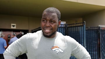 June 9, 2015; Englewood, CO, USA; Denver Broncos running back Montee Ball (28) following mini camp activities at the Broncos training facility. Mandatory Credit: Ron Chenoy-USA TODAY Sports