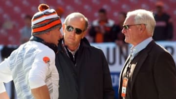Oct 26, 2014; Cleveland, OH, USA; Cleveland Browns owner Jimmy Haslam, right, talks with Cleveland Browns quarterback Johnny Manziel before the game between the Cleveland Browns and the Oakland Raiders at FirstEnergy Stadium. Mandatory Credit: Ken Blaze-USA TODAY Sports
