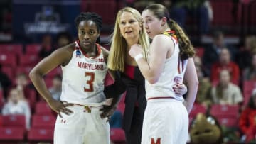 COLLEGE PARK, MD - MARCH 25: Maryland coach Brenda Frese with Maryland Terrapins guard Channise Lewis (3) and guard Taylor Mikesell (11) during a NCAA Div.1 Women's championship second round game between the Maryland Terrapins and the UCLA Bruins on March 25, 2019, at Xfinity Center, in College Park, Maryland.(Photo by Tony Quinn/Icon Sportswire via Getty Images)